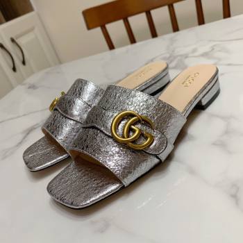 Gucci Leather Double G Flat Slide Sandals Silver 2021 (MD-21010665)