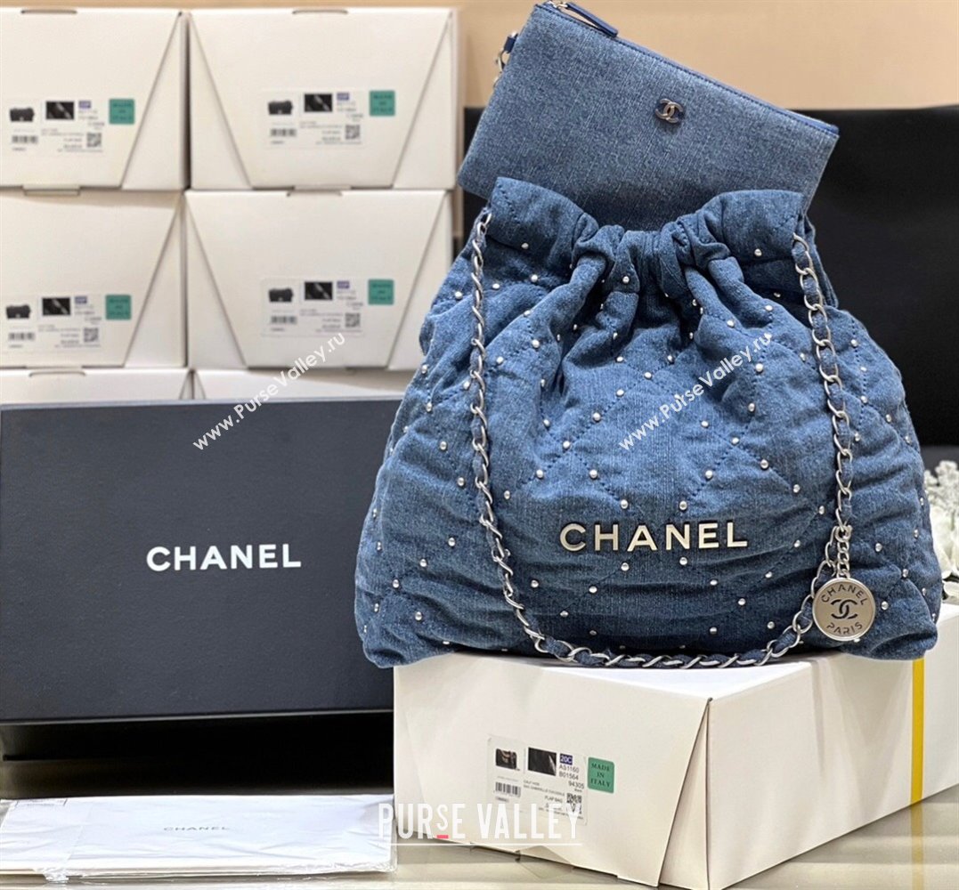 Chanel 22 Studs Quilted Denim Shopping Bag AS3261 Blue 2024 Top Quality (SHUNY-24062407)