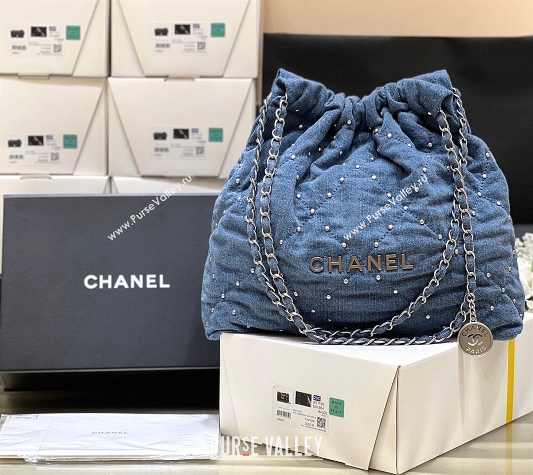 Chanel 22 Studs Quilted Denim Shopping Bag AS3261 Blue 2024 Top Quality (SHUNY-24062407)