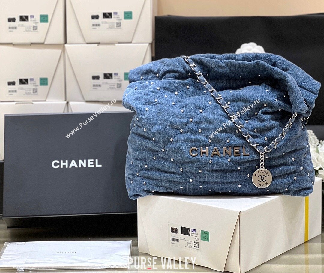 Chanel 22 Studs Quilted Denim Shopping Bag AS3261 Blue 2024 Top Quality (SHUNY-24062407)