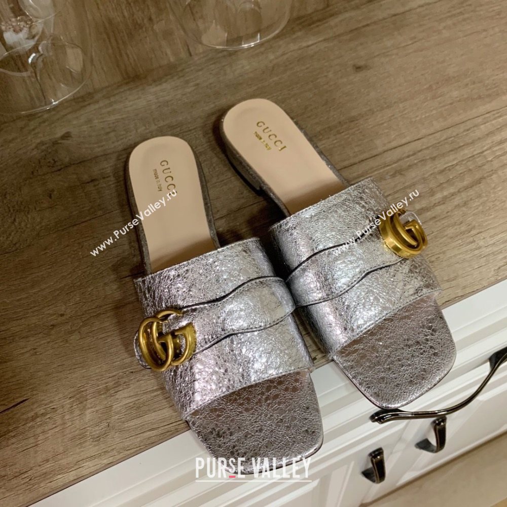 Gucci Leather Double G Flat Slide Sandals Silver 2021 (MD-21010665)