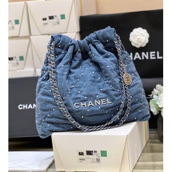 Chanel 22 Studs Quilted Denim Shopping Bag AS3261 Blue 2024 Top Quality (SHUNY-24062407)