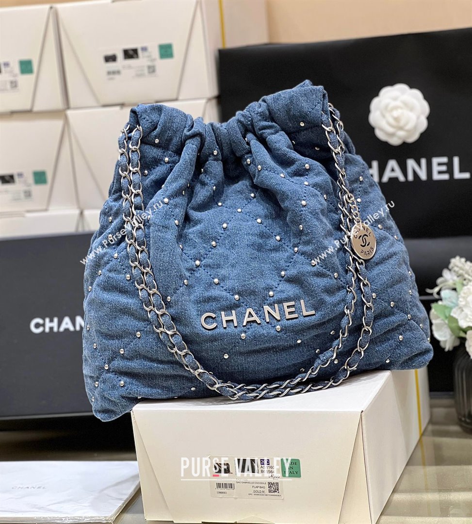 Chanel 22 Studs Quilted Denim Shopping Bag AS3261 Blue 2024 Top Quality (SHUNY-24062407)