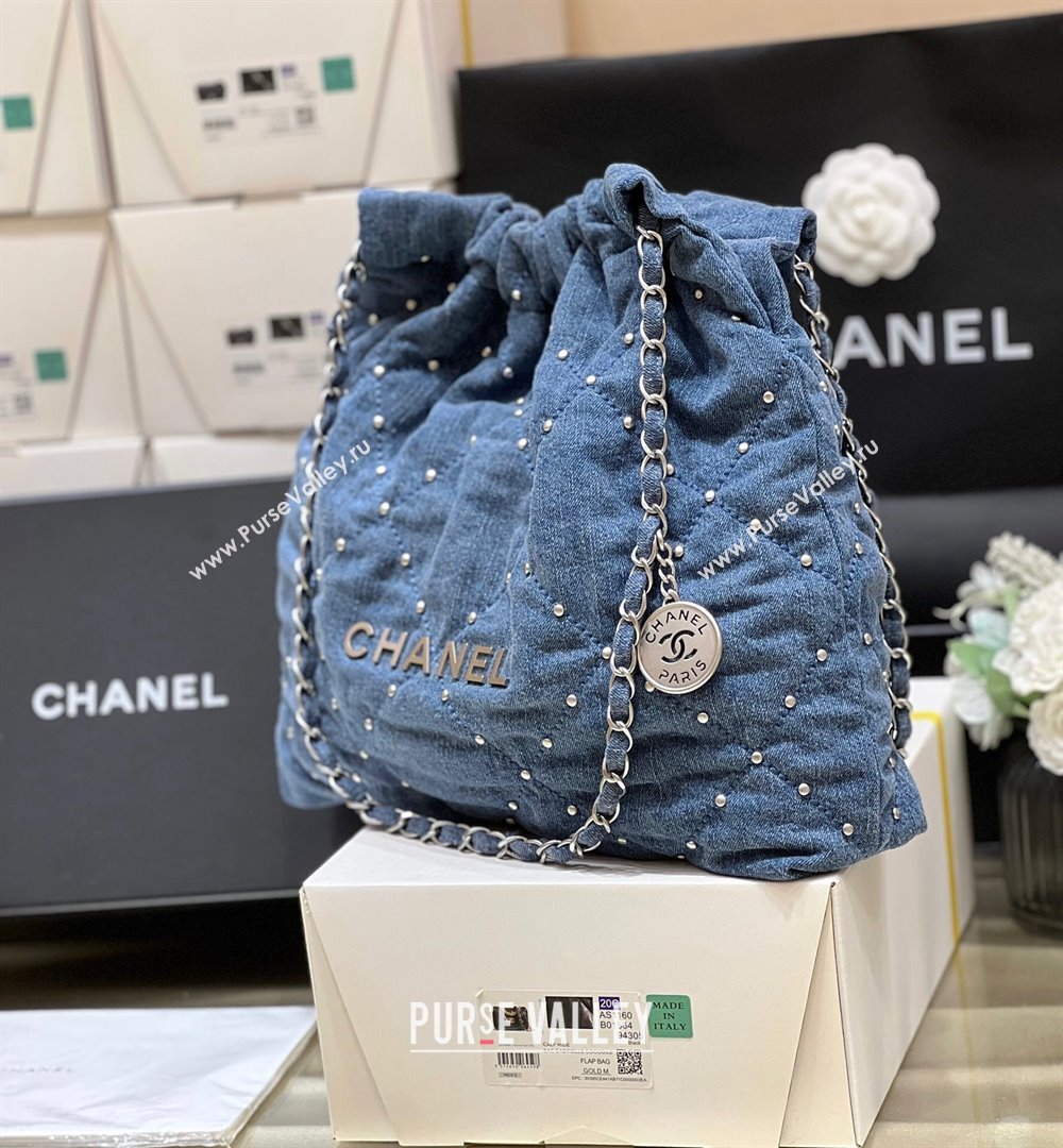 Chanel 22 Studs Quilted Denim Shopping Bag AS3261 Blue 2024 Top Quality (SHUNY-24062407)