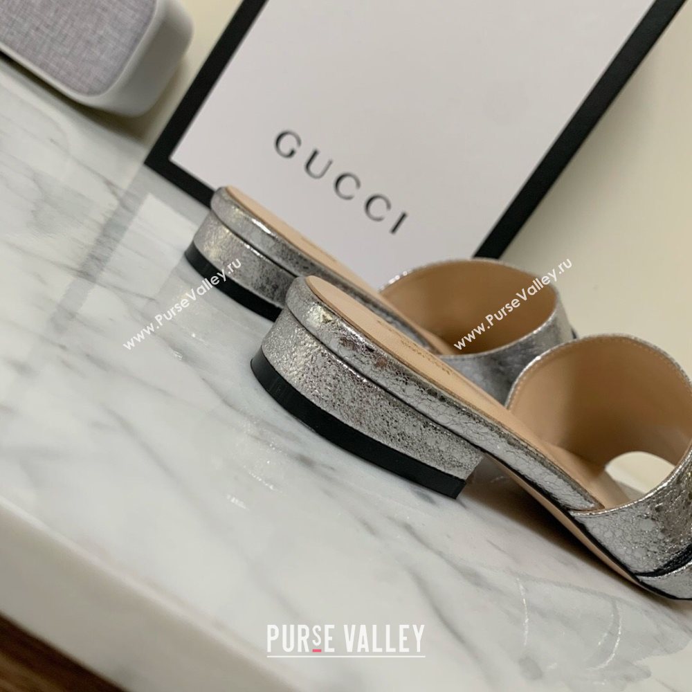 Gucci Leather Double G Flat Slide Sandals Silver 2021 (MD-21010665)