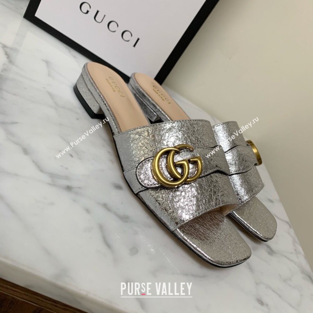 Gucci Leather Double G Flat Slide Sandals Silver 2021 (MD-21010665)