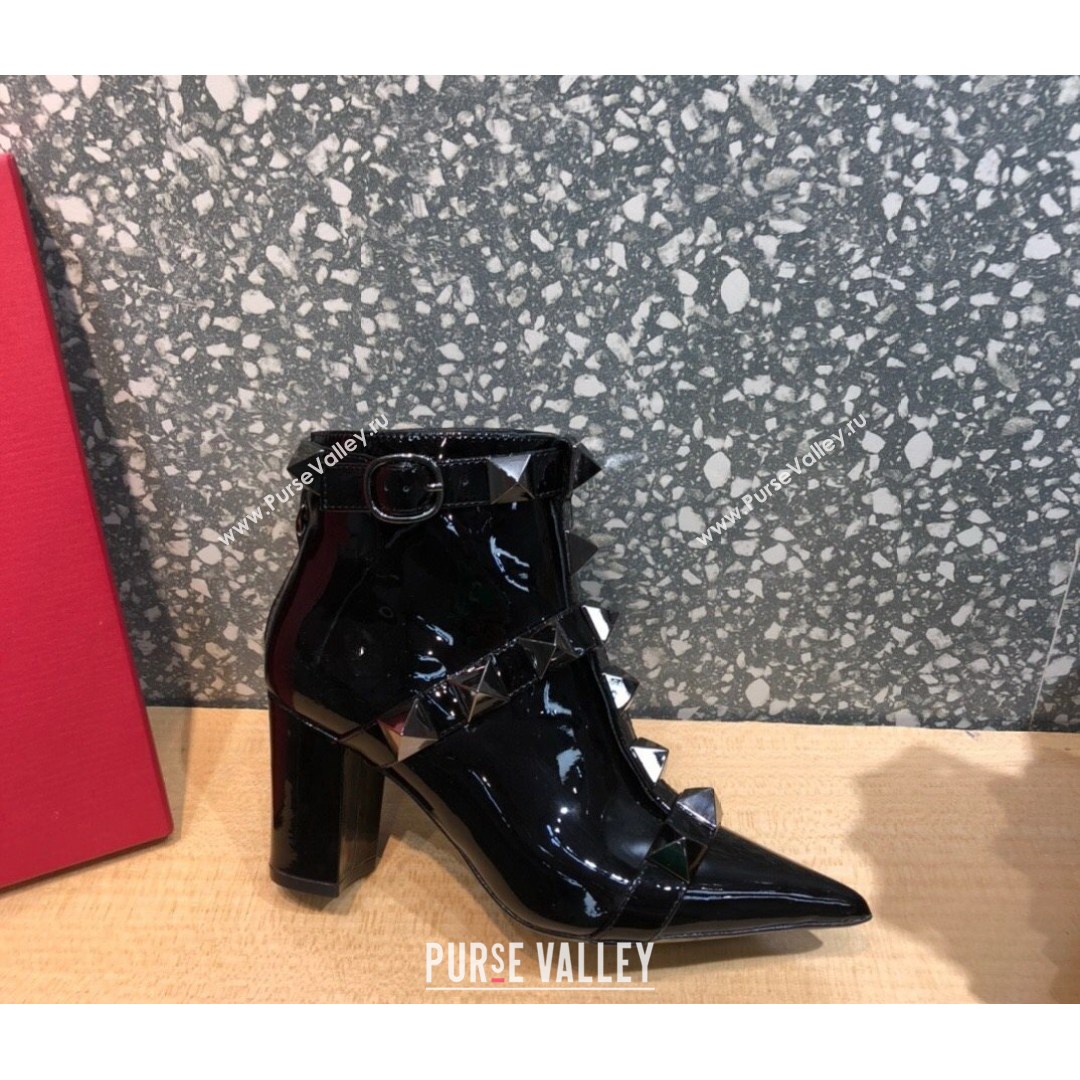 Valentino Roman Stud Patent Leather Ankle Boots 8 cm Black 2021 02 (MD-21082034)