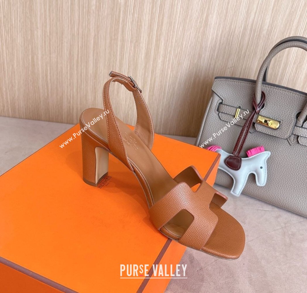 Hermes Eremite Heel Sandals 8cm in Palm-Grained Leather Brown 2025 H02275 (MD-250227086)