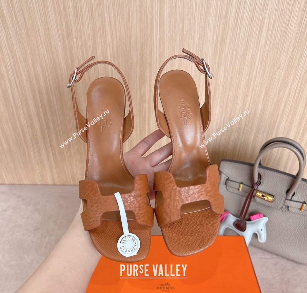 Hermes Eremite Heel Sandals 8cm in Palm-Grained Leather Brown 2025 H02275 (MD-250227086)