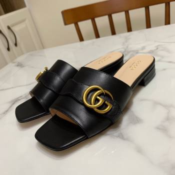 Gucci Leather Double G Flat Slide Sandals Black 2021 (MD-21010668)