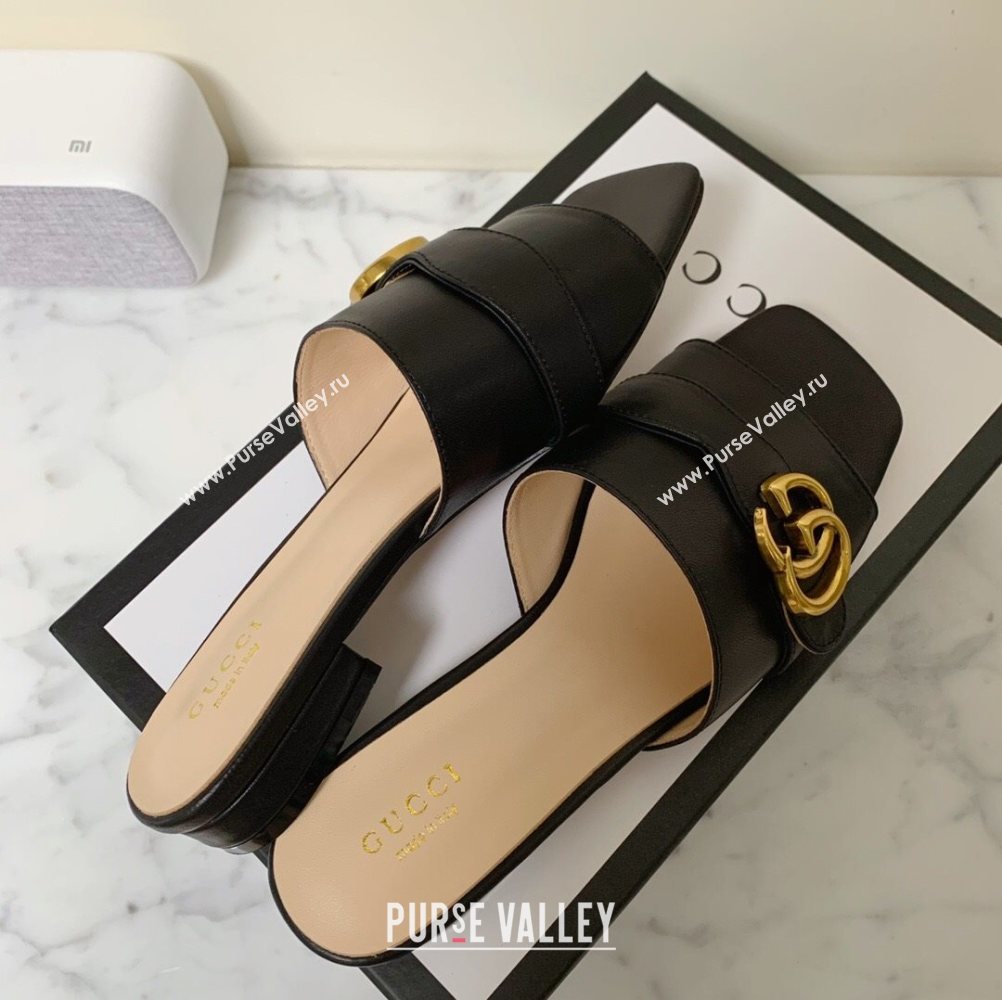 Gucci Leather Double G Flat Slide Sandals Black 2021 (MD-21010668)