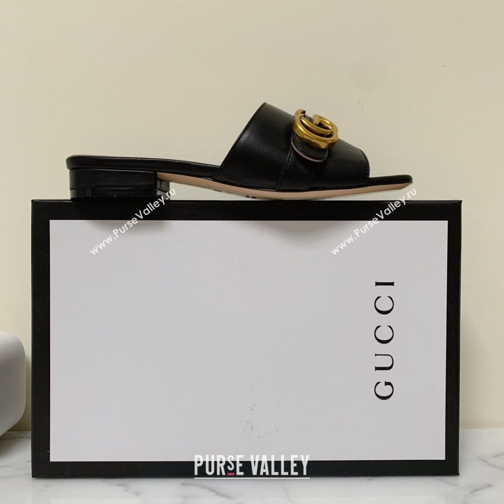Gucci Leather Double G Flat Slide Sandals Black 2021 (MD-21010668)