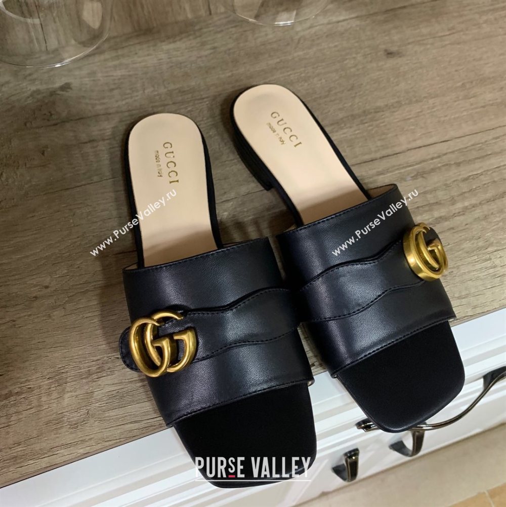Gucci Leather Double G Flat Slide Sandals Black 2021 (MD-21010668)