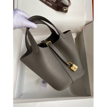Hermes Picotin Lock Bag 18cm/22cm in Taurillon Clemence Leather Tinware Grey/Gold 2024 (Full Handmade) (XYA-24042901)