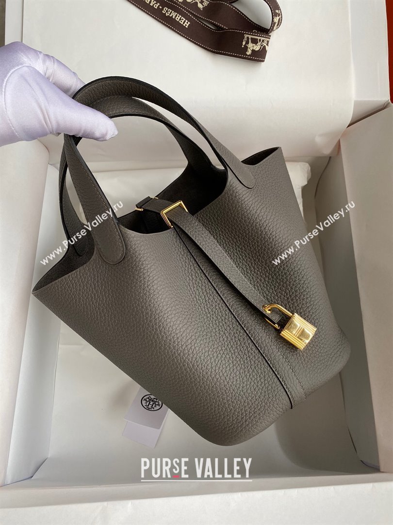 Hermes Picotin Lock Bag 18cm/22cm in Taurillon Clemence Leather Tinware Grey/Gold 2024 (Full Handmade) (XYA-24042901)