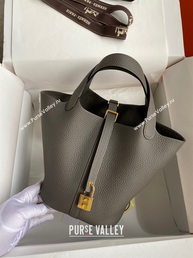 Hermes Picotin Lock Bag 18cm/22cm in Taurillon Clemence Leather Tinware Grey/Gold 2024 (Full Handmade) (XYA-24042901)