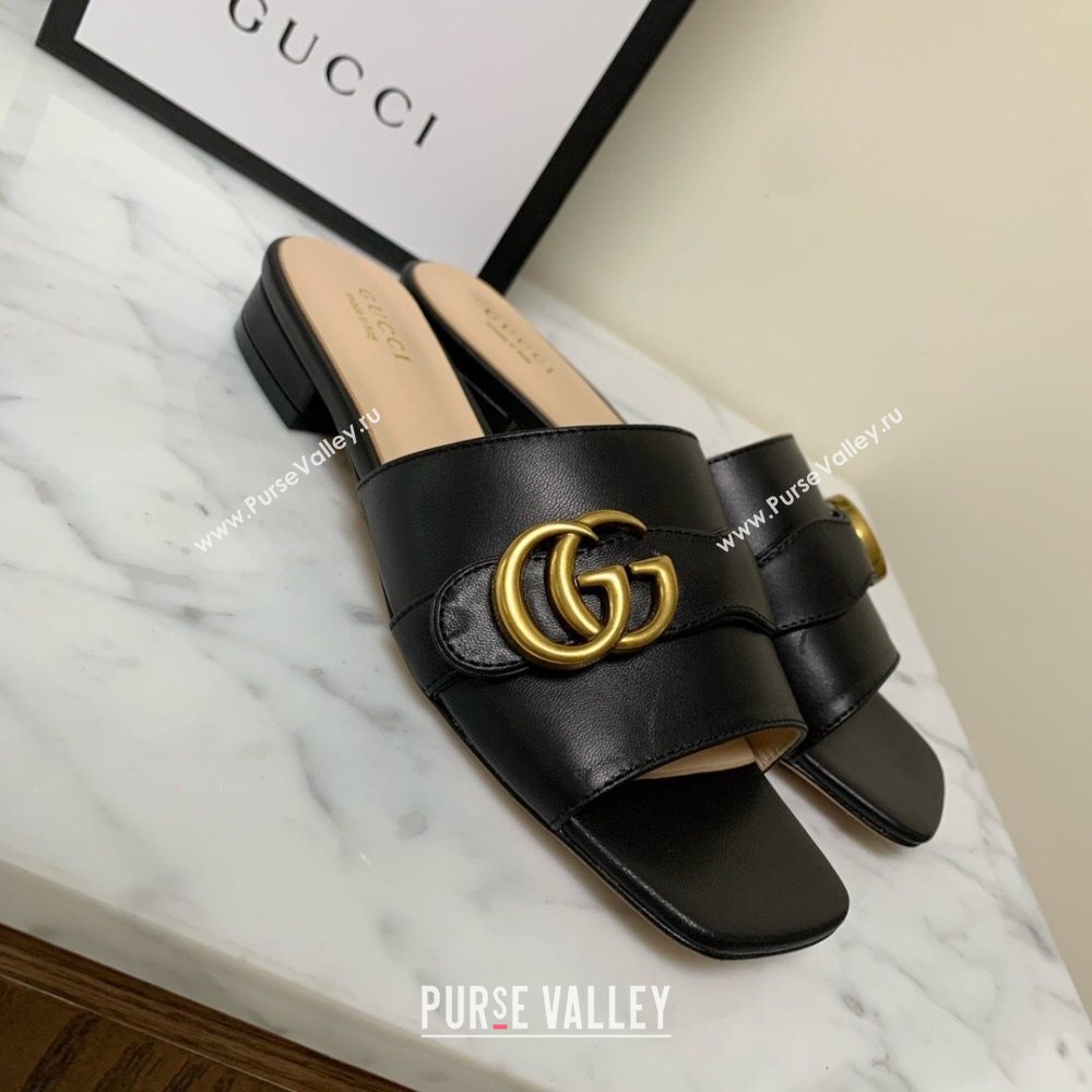 Gucci Leather Double G Flat Slide Sandals Black 2021 (MD-21010668)