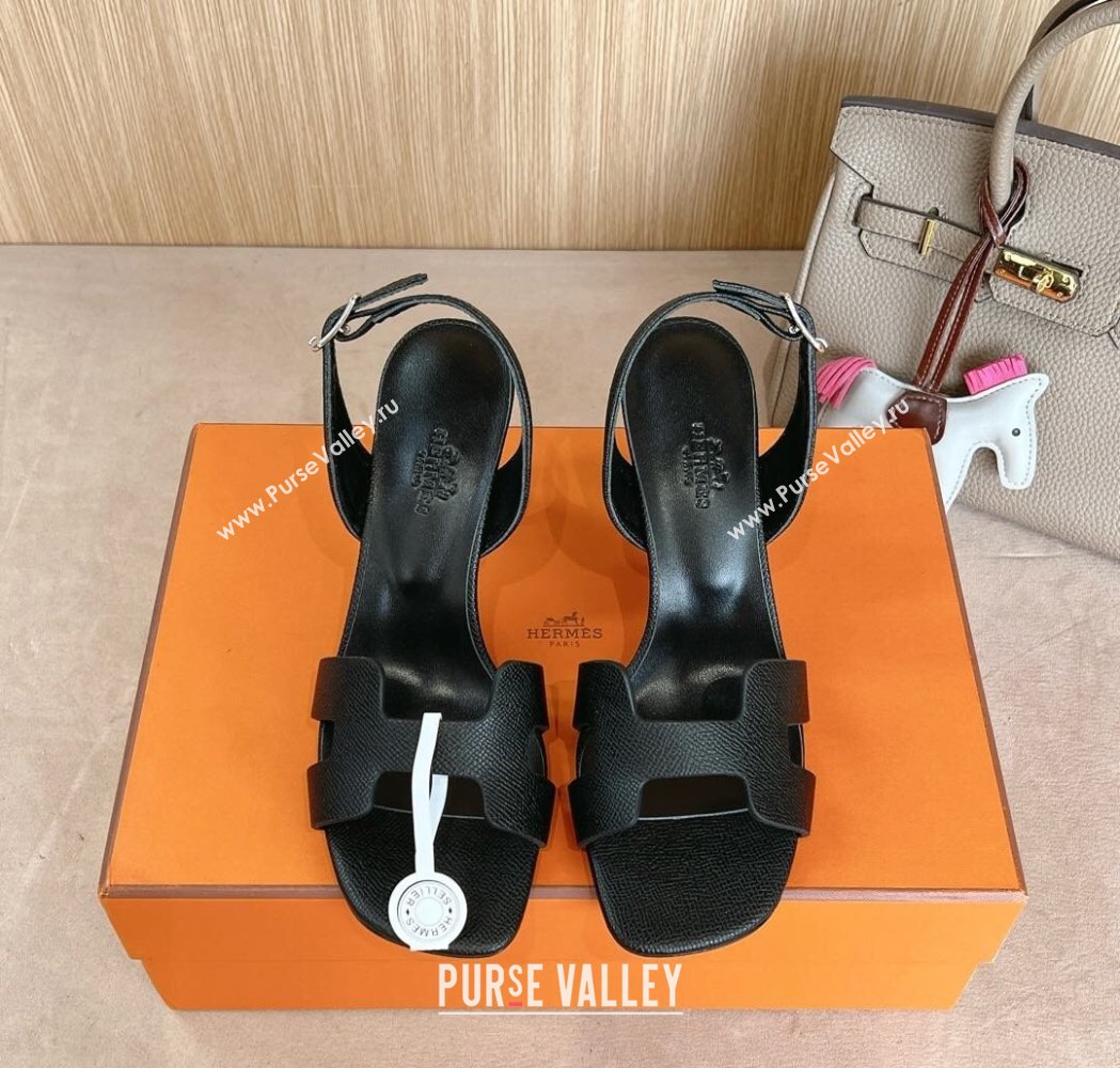 Hermes Eremite Heel Sandals 8cm in Palm-Grained Leather Black 2025 H02275 (MD-250227089)