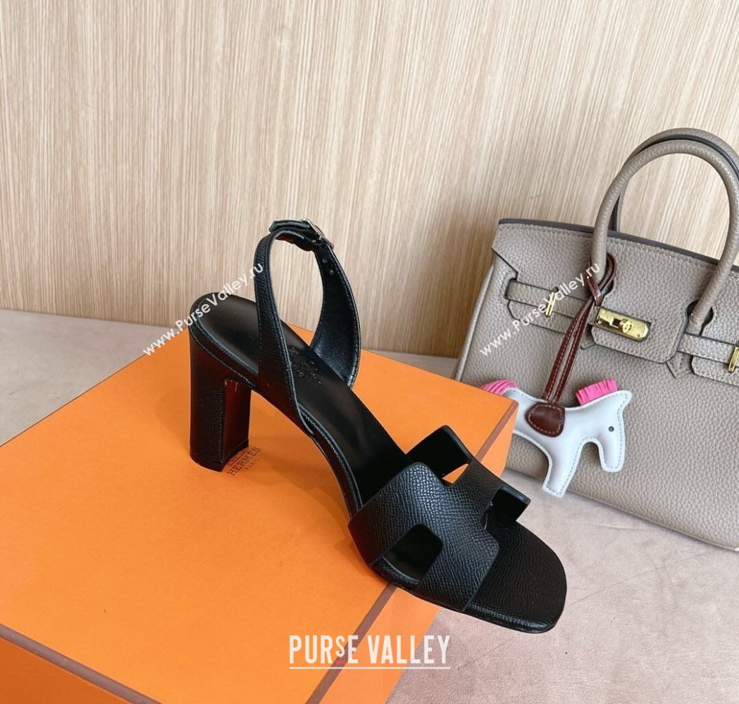 Hermes Eremite Heel Sandals 8cm in Palm-Grained Leather Black 2025 H02275 (MD-250227089)