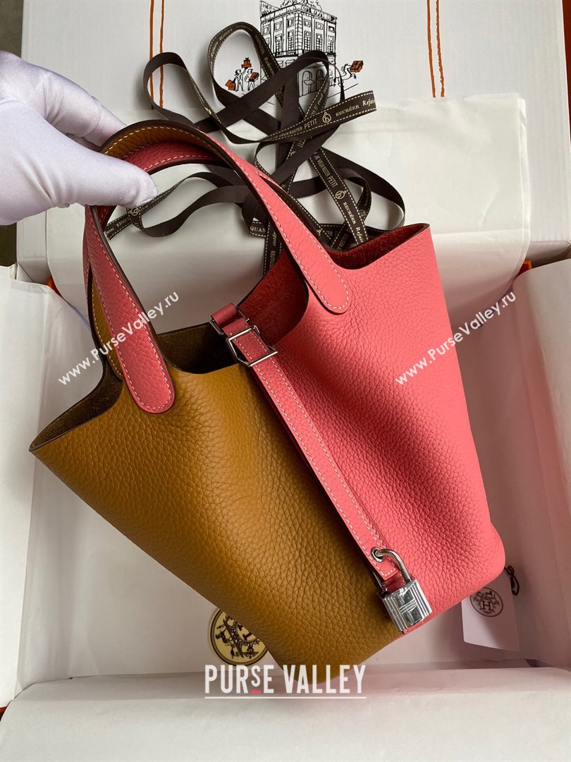 Hermes Picotin Lock Bag 18cm/22cm in Taurillon Clemence Leather Sesame/ Lipstick Pink/Silver 2024 (Full Handmade) (XYA-24042903)