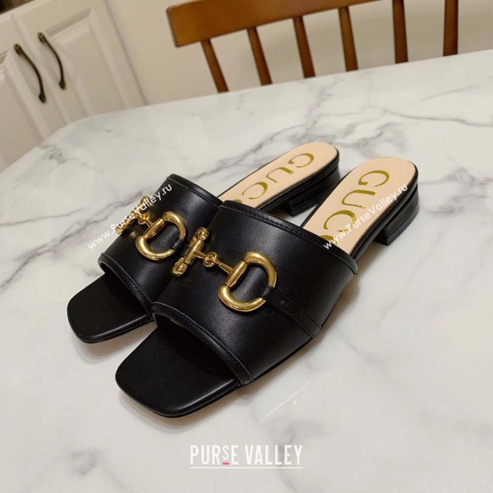 Gucci Leather ‎Slide Sandals with Horsebit Black 2020 (MD-21010671)