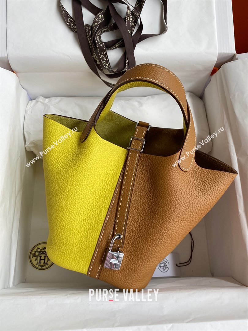Hermes Picotin Lock Bag 18cm/22cm in Taurillon Clemence Leather Sesame/ Lemon/Silver 2024 (Full Handmade) (XYA-24042902)