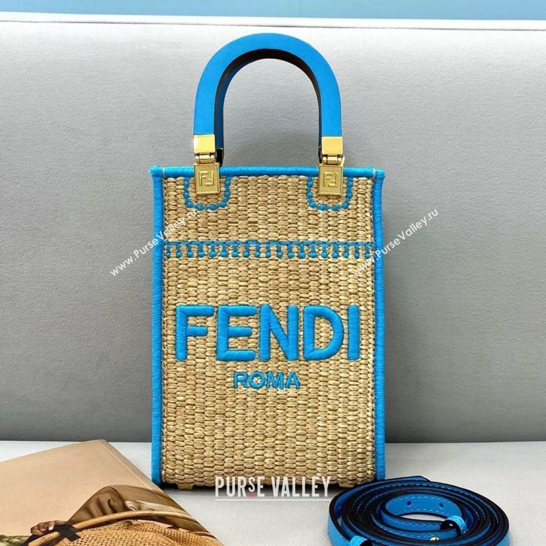 Fendi Sunshine Mini Shopper Tote Bag in Braided Straw Blue 2021 8376  (CL-21080220)