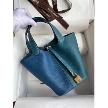 Hermes Picotin Lock Bag 18cm/22cm in Taurillon Clemence Leather Denim Blue/W0 Grren/Gold 2024 (Full Handmade) (XYA-24042904)