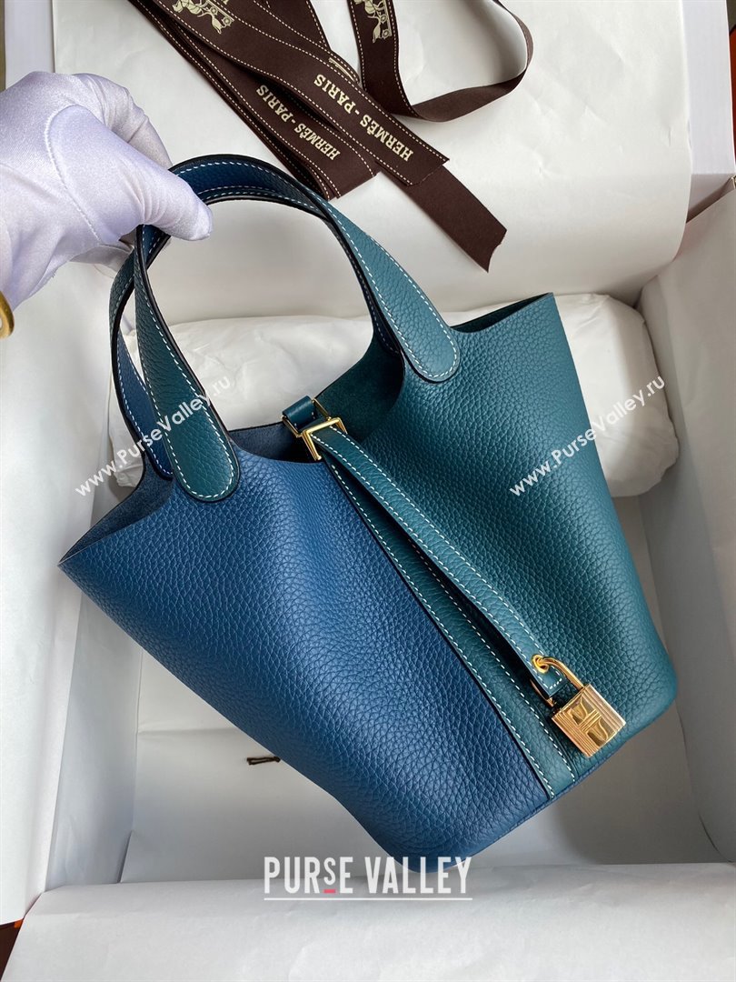 Hermes Picotin Lock Bag 18cm/22cm in Taurillon Clemence Leather Denim Blue/W0 Grren/Gold 2024 (Full Handmade) (XYA-24042904)