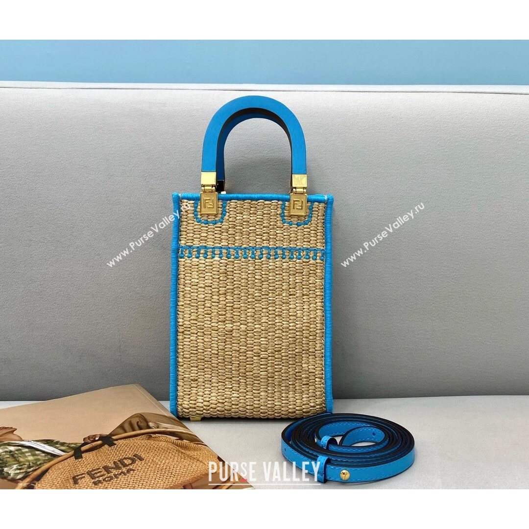 Fendi Sunshine Mini Shopper Tote Bag in Braided Straw Blue 2021 8376  (CL-21080220)