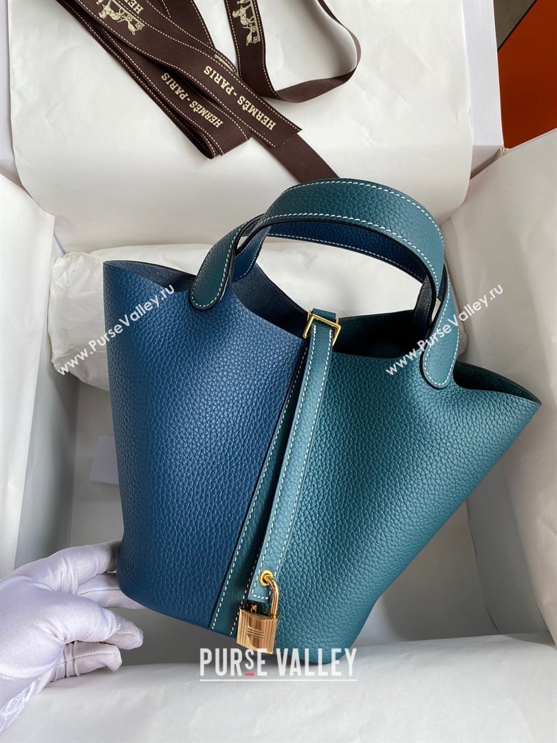 Hermes Picotin Lock Bag 18cm/22cm in Taurillon Clemence Leather Denim Blue/W0 Grren/Gold 2024 (Full Handmade) (XYA-24042904)