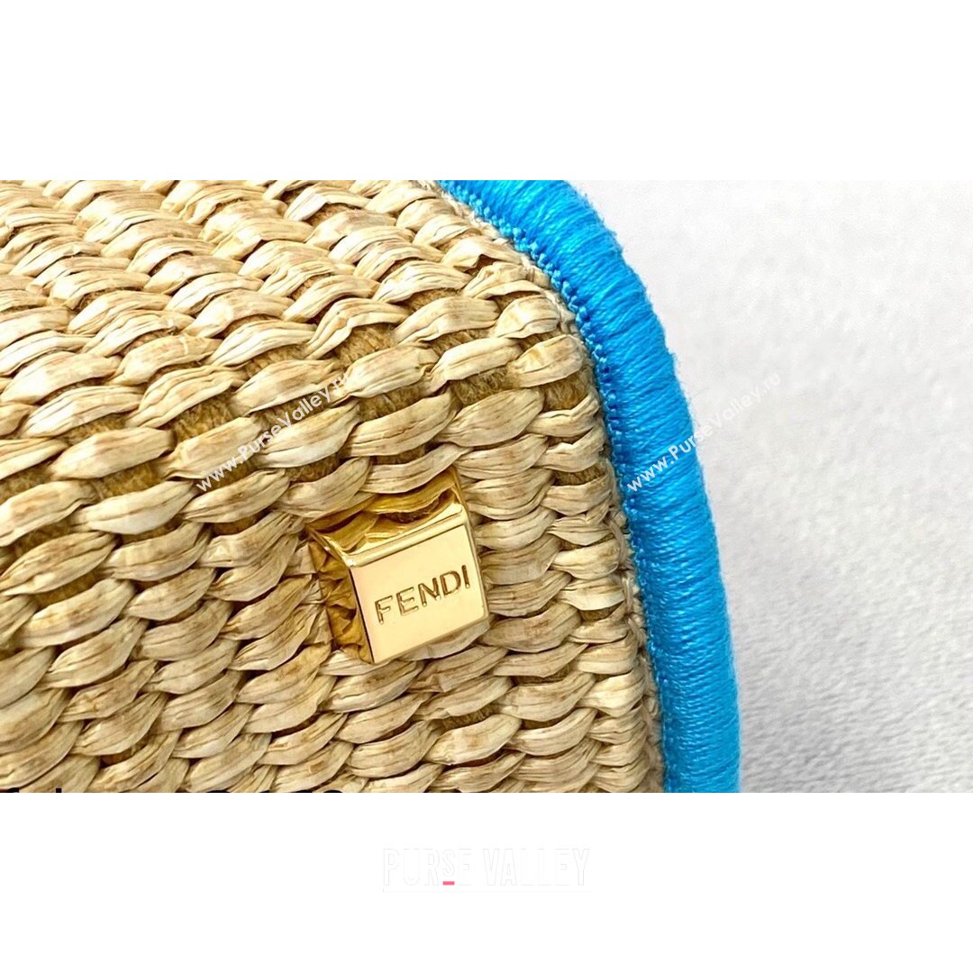 Fendi Sunshine Mini Shopper Tote Bag in Braided Straw Blue 2021 8376  (CL-21080220)