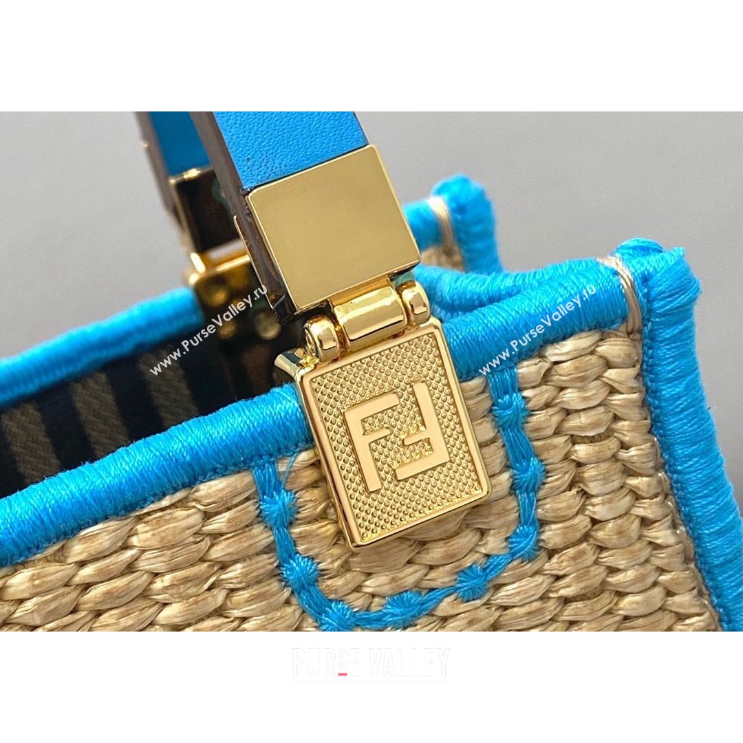 Fendi Sunshine Mini Shopper Tote Bag in Braided Straw Blue 2021 8376  (CL-21080220)