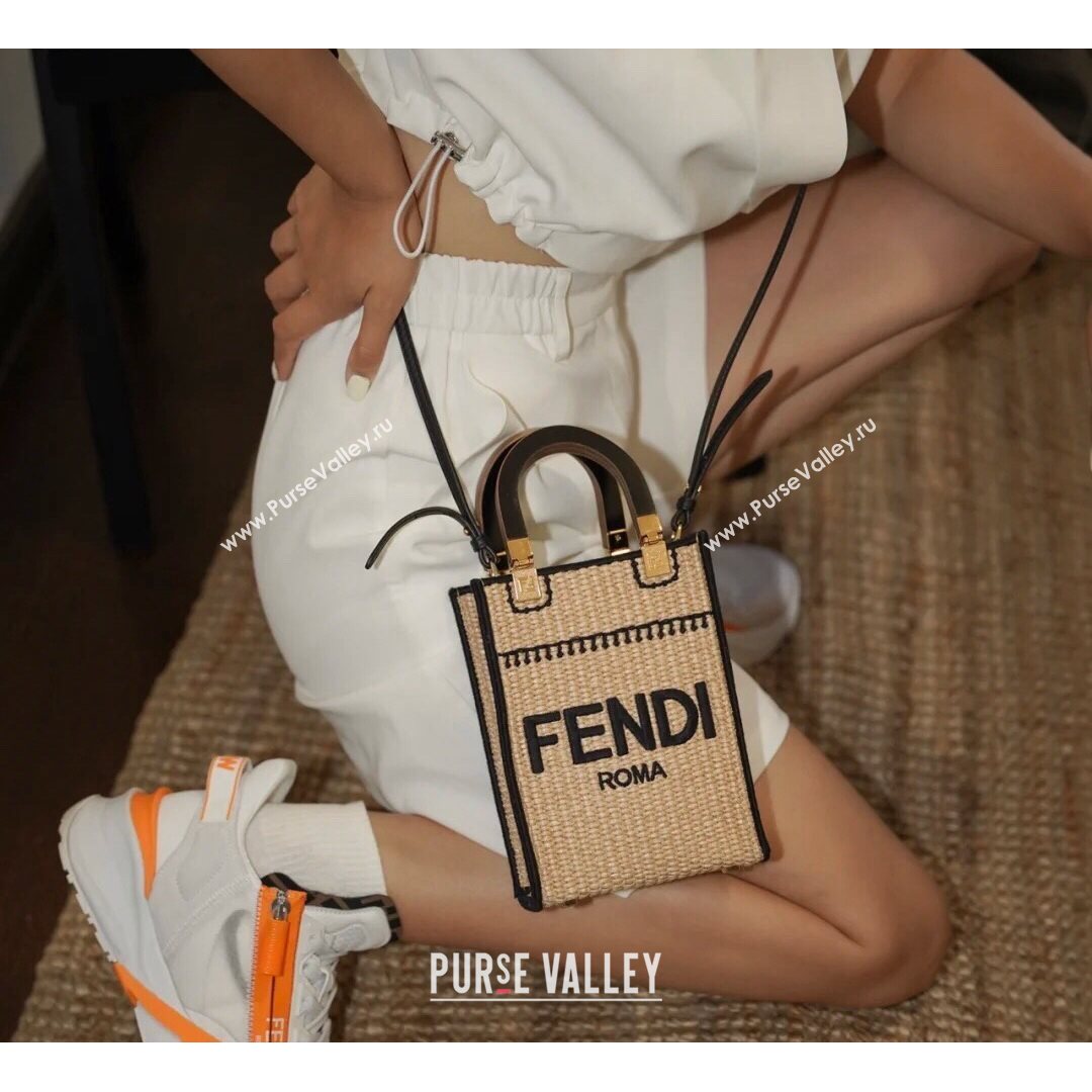 Fendi Sunshine Mini Shopper Tote Bag in Braided Straw Black 2021 8376  (CL-21080221)