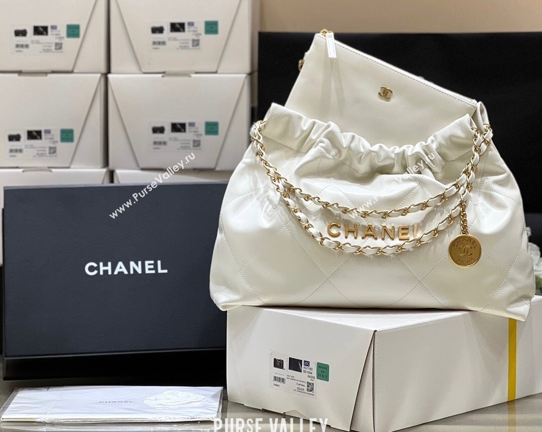 Chanel Shiny Calfskin 22 East West Shopping Bag AS4486 White/Gold 2024 Top Quality (SHUNY-24062507)