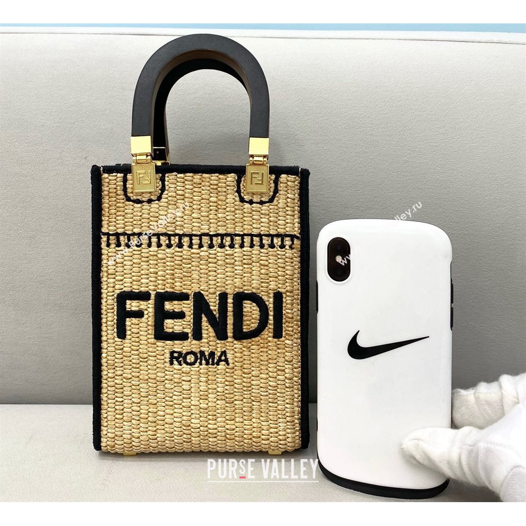 Fendi Sunshine Mini Shopper Tote Bag in Braided Straw Black 2021 8376  (CL-21080221)