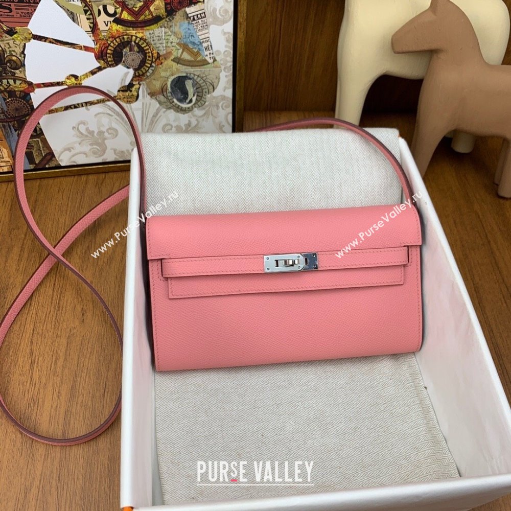 Hermes Kelly To Go Wallet Bag in Original Epsom Leather 1Q Milk Shake Pink/Silver 2024(Full Handmade) (XYA-24100801)