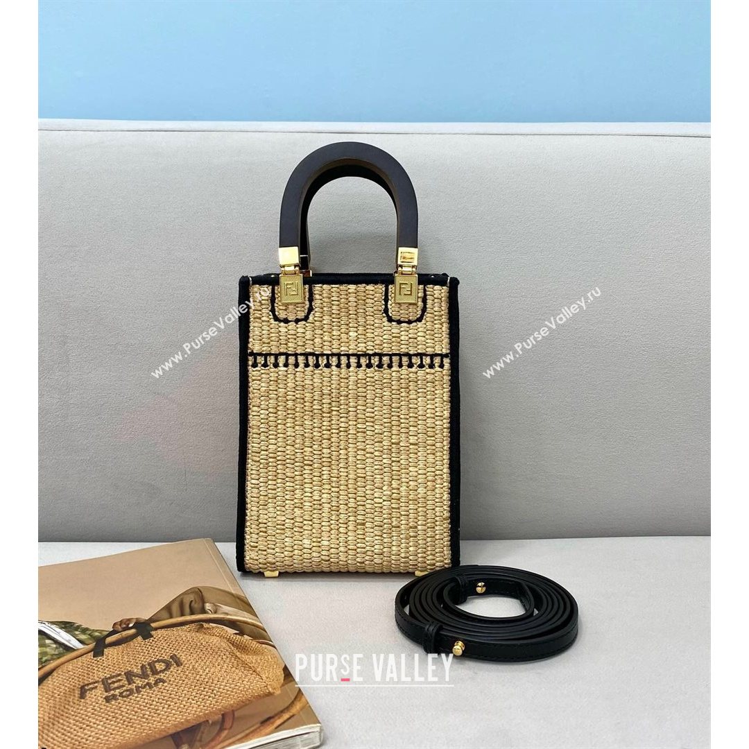 Fendi Sunshine Mini Shopper Tote Bag in Braided Straw Black 2021 8376  (CL-21080221)