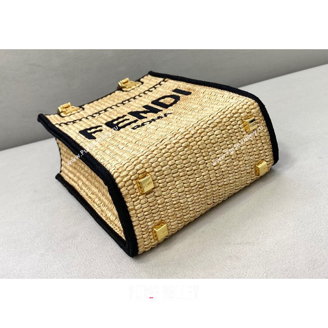 Fendi Sunshine Mini Shopper Tote Bag in Braided Straw Black 2021 8376  (CL-21080221)