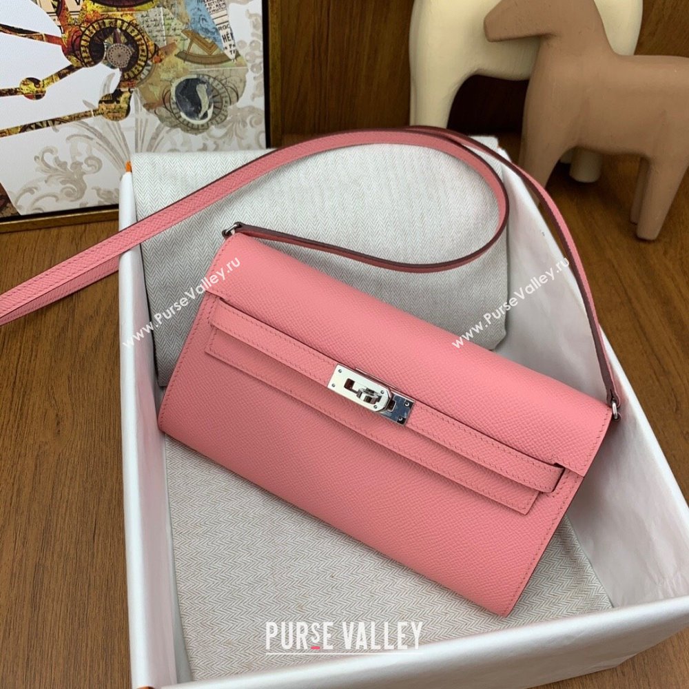 Hermes Kelly To Go Wallet Bag in Original Epsom Leather 1Q Milk Shake Pink/Silver 2024(Full Handmade) (XYA-24100801)