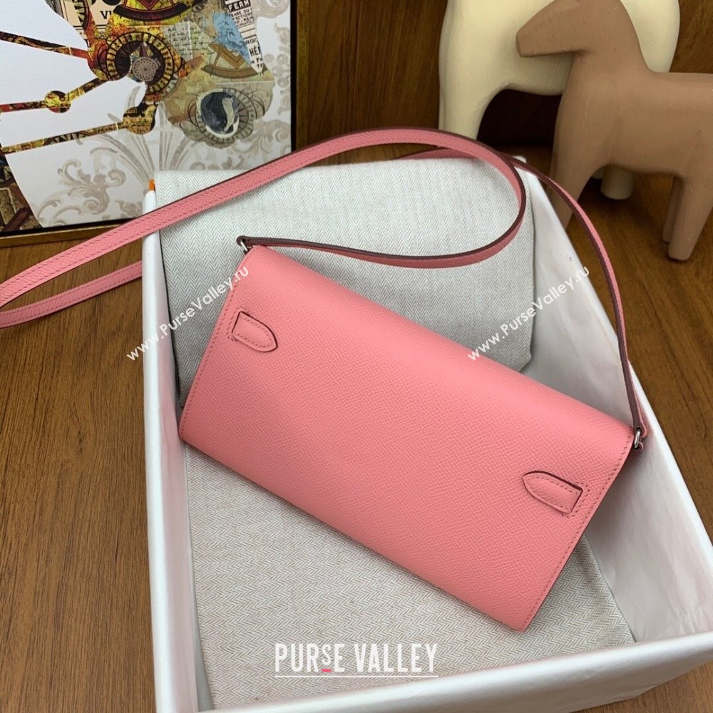 Hermes Kelly To Go Wallet Bag in Original Epsom Leather 1Q Milk Shake Pink/Silver 2024(Full Handmade) (XYA-24100801)