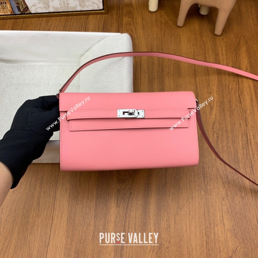 Hermes Kelly To Go Wallet Bag in Original Epsom Leather 1Q Milk Shake Pink/Silver 2024(Full Handmade) (XYA-24100801)