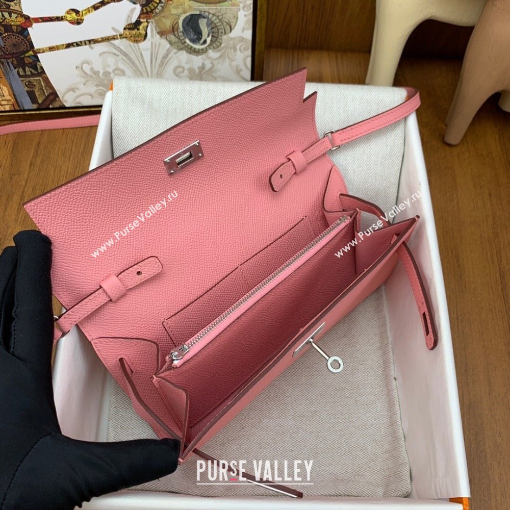 Hermes Kelly To Go Wallet Bag in Original Epsom Leather 1Q Milk Shake Pink/Silver 2024(Full Handmade) (XYA-24100801)