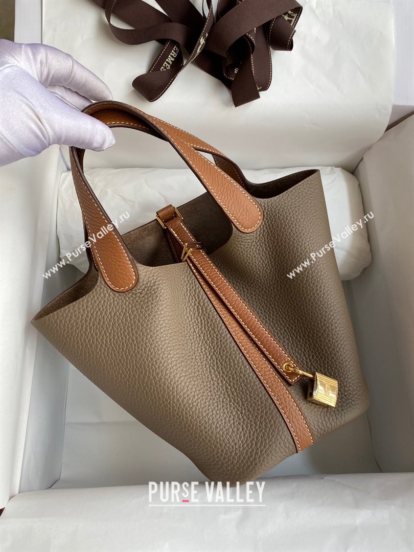 Hermes Picotin Lock Bag 18cm/22cm in Taurillon Clemence Leather Etoupe/Brown/Gold 2024 (Pure Handmade) (XYA-24042905)