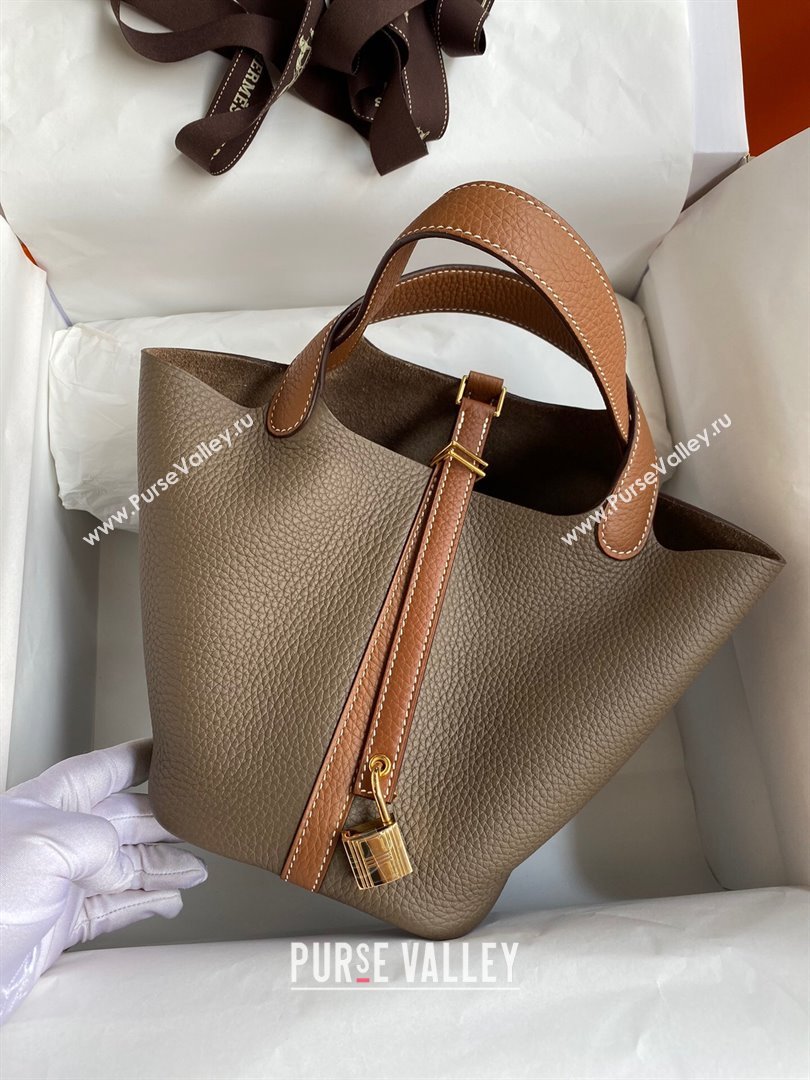 Hermes Picotin Lock Bag 18cm/22cm in Taurillon Clemence Leather Etoupe/Brown/Gold 2024 (Pure Handmade) (XYA-24042905)