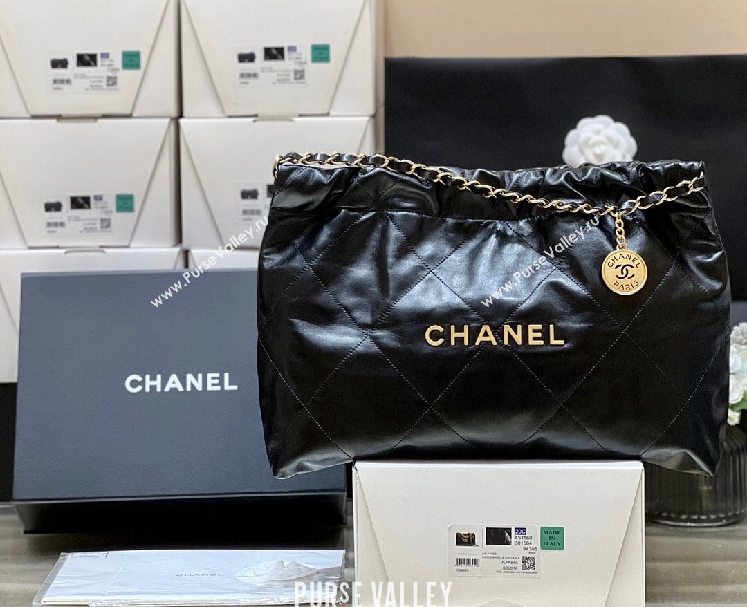 Chanel Shiny Calfskin 22 East West Shopping Bag AS4486 Black/Gold 2024 Top Quality (SHUNY-24062509)