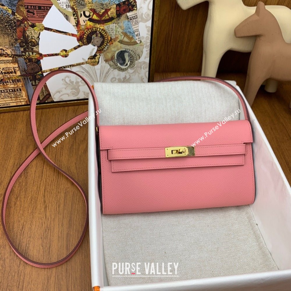 Hermes Kelly To Go Wallet Bag in Original Epsom Leather 1Q Milk Shake Pink/Gold 2024(Full Handmade) (XYA-24100802)