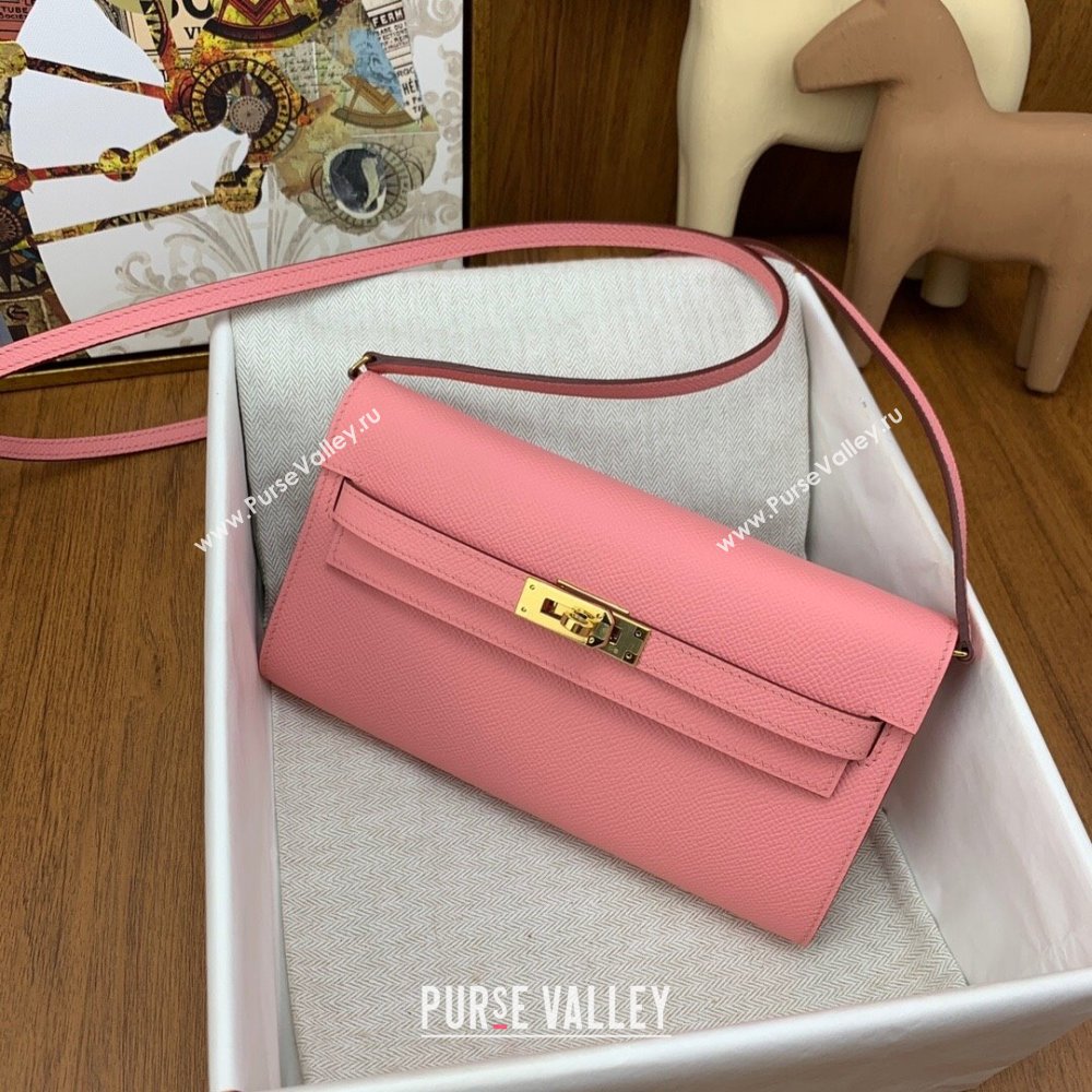 Hermes Kelly To Go Wallet Bag in Original Epsom Leather 1Q Milk Shake Pink/Gold 2024(Full Handmade) (XYA-24100802)