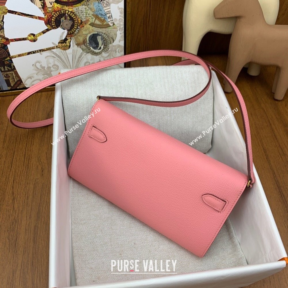 Hermes Kelly To Go Wallet Bag in Original Epsom Leather 1Q Milk Shake Pink/Gold 2024(Full Handmade) (XYA-24100802)