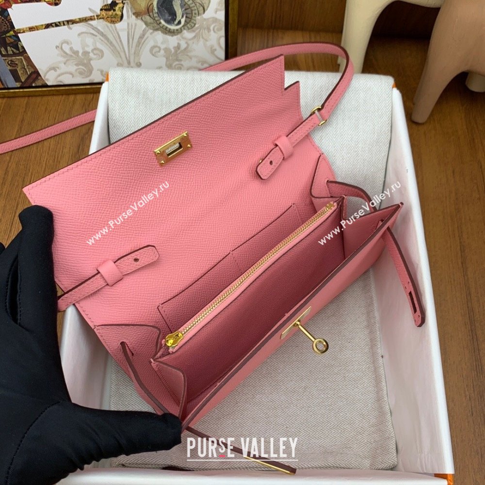 Hermes Kelly To Go Wallet Bag in Original Epsom Leather 1Q Milk Shake Pink/Gold 2024(Full Handmade) (XYA-24100802)